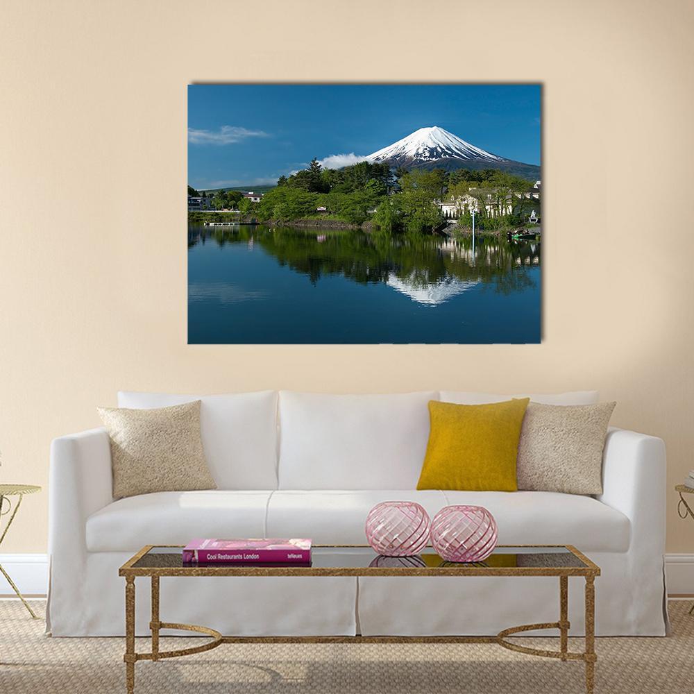Mount Fuji Reflected in Lake Canvas Wall Art in white, green and blue, single panel hung on a wall