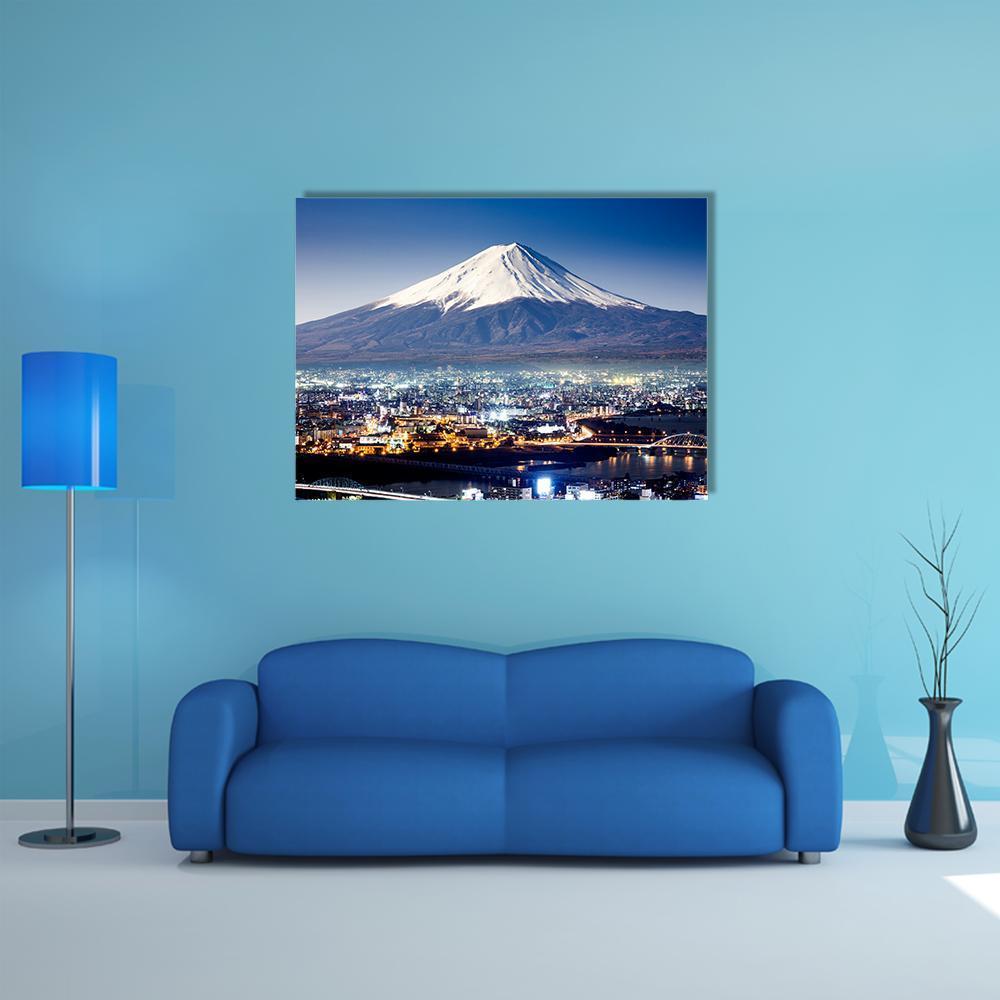 Mount Fuji Over City Lights Canvas Wall Art in black, white and blue, single panel hung on a wall