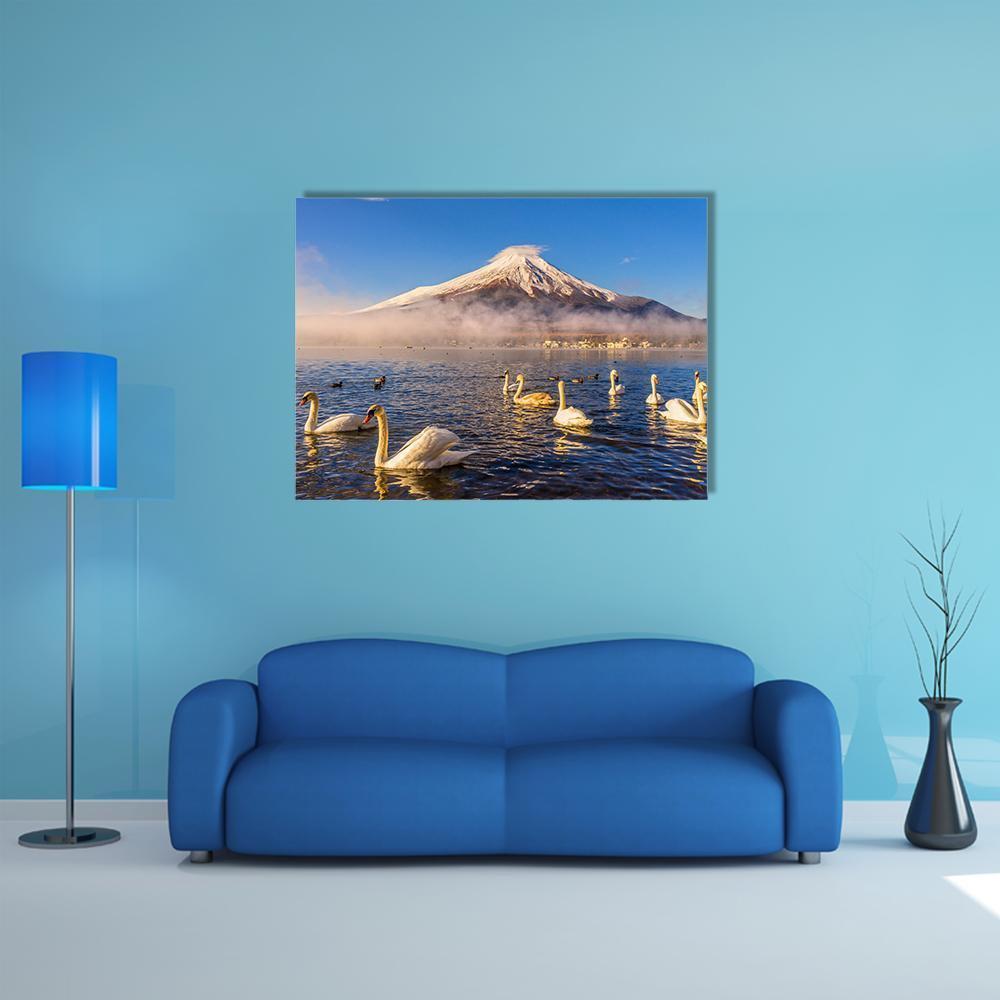 Swans on Misty Lake at Mount Fuji Canvas Wall Art in white, brown and blue, single panel hung on a wall
