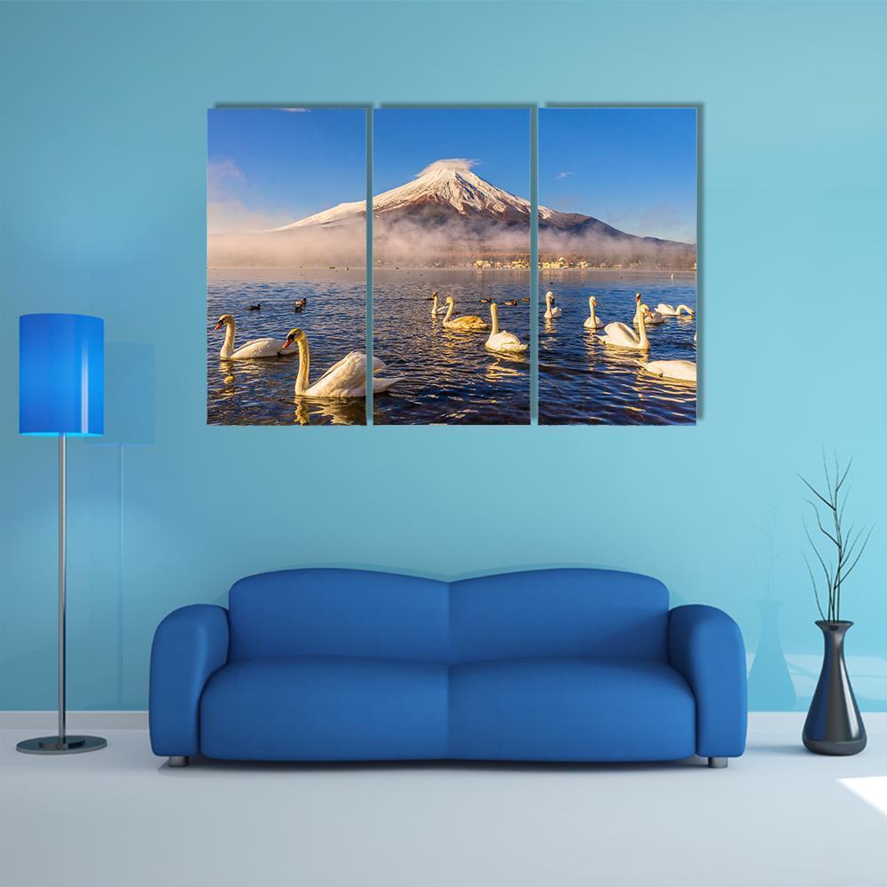 Swans Infront Of Mt Fuji Canvas Wall Art-3 Horizontal-Gallery Wrap-37" x 24"-Tiaracle