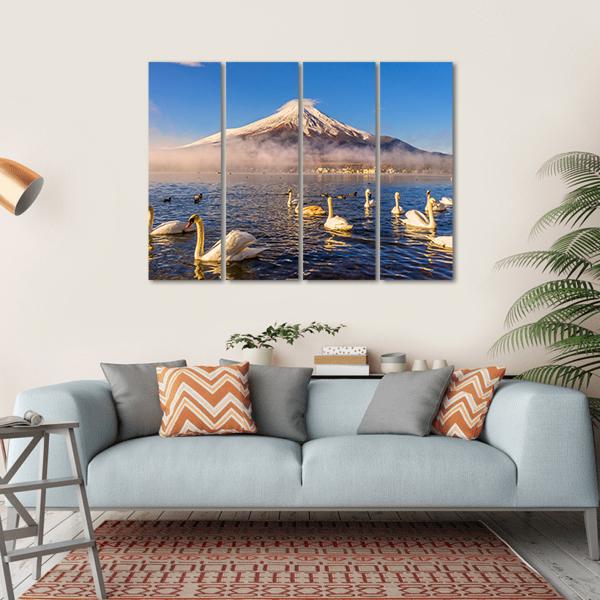 Swans Infront Of Mt Fuji Canvas Wall Art-4 Horizontal-Gallery Wrap-34" x 24"-Tiaracle