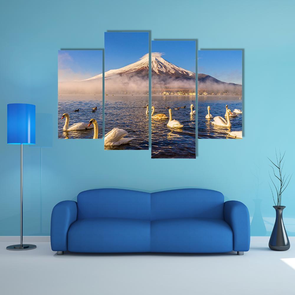 Swans Infront Of Mt Fuji Canvas Wall Art-4 Pop-Gallery Wrap-50" x 32"-Tiaracle