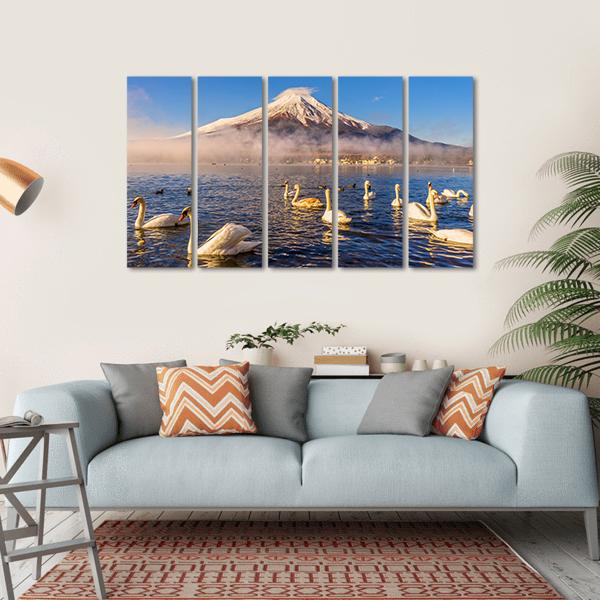 Swans Infront Of Mt Fuji Canvas Wall Art-5 Horizontal-Gallery Wrap-22" x 12"-Tiaracle