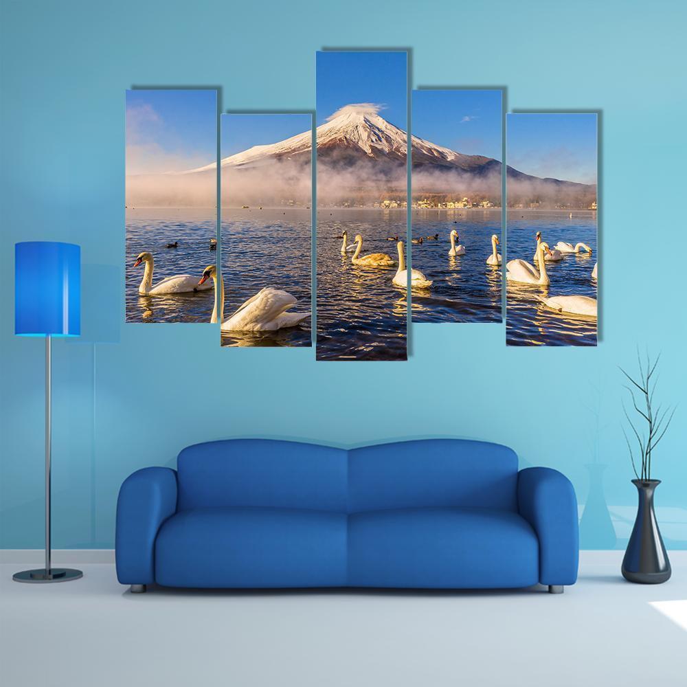 Swans Infront Of Mt Fuji Canvas Wall Art-5 Pop-Gallery Wrap-47" x 32"-Tiaracle