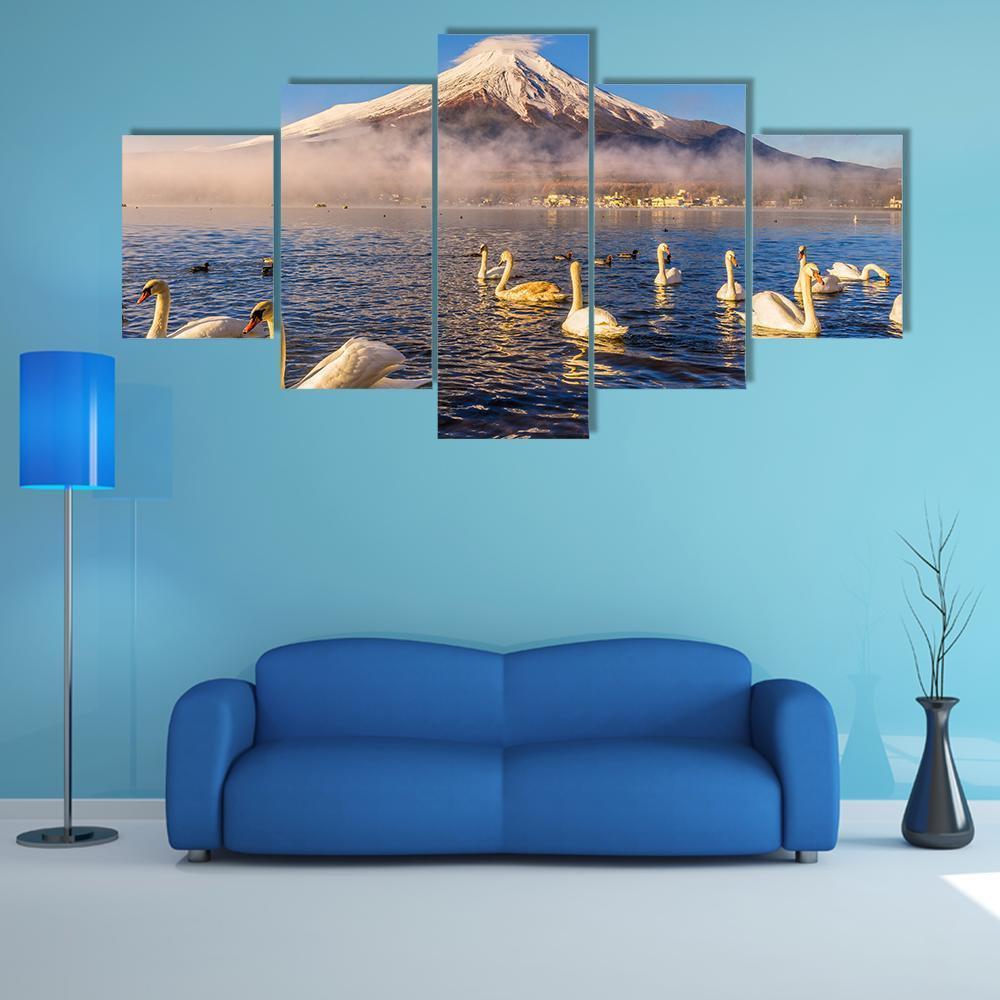 Swans Infront Of Mt Fuji Canvas Wall Art-5 Star-Gallery Wrap-62" x 32"-Tiaracle