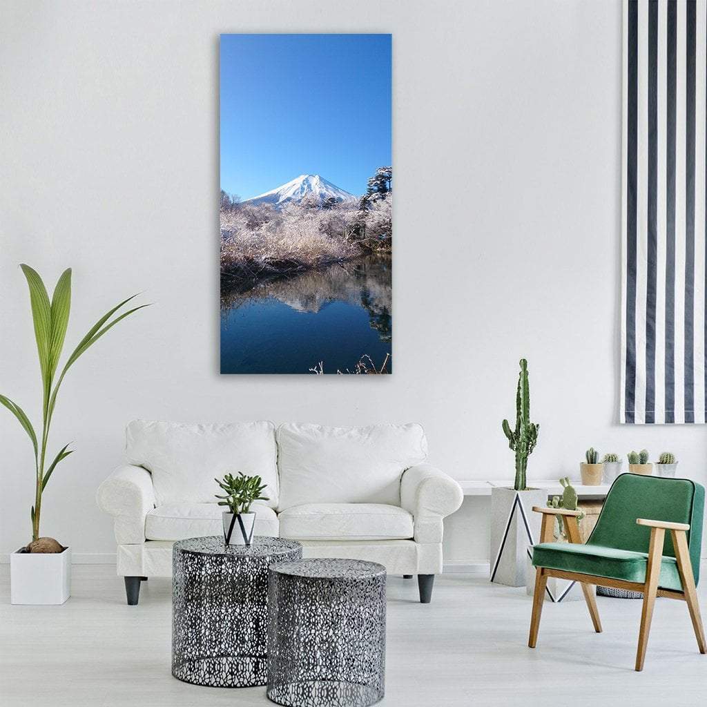 Mount Fuji Under Blue Sky Vertical Canvas Wall Art in white and blue, single vertical panel hung on a wall