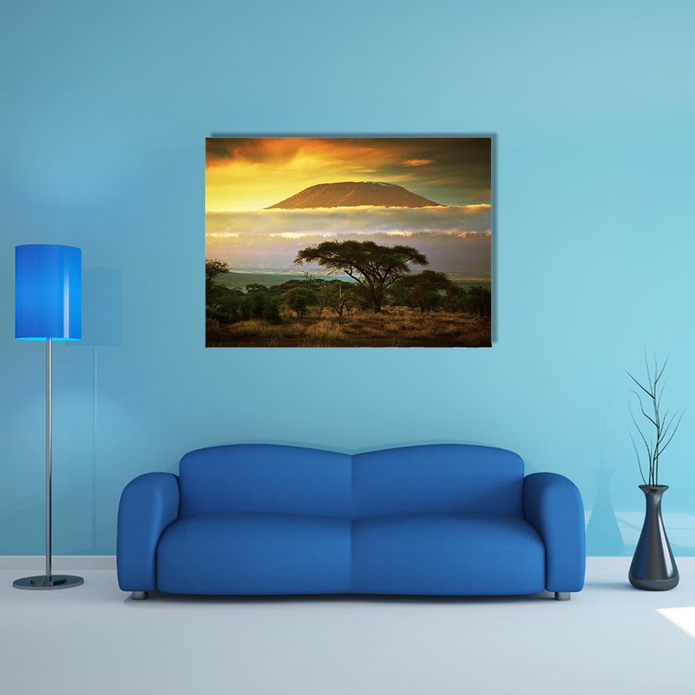 Mount Kilimanjaro at Sunset Canvas Wall Art in brown, orange and yellow, single panel hung on a wall