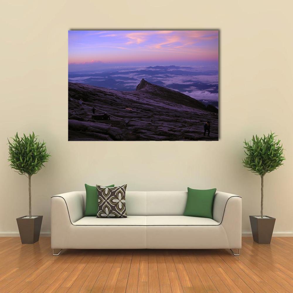 Mount Kinabalu at Dawn Canvas Wall Art in blue, purple and pink, single panel hung on a wall