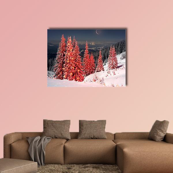 Mount Kukul in Winter Canvas Wall Art in white, blue and pink, single panel hung on a wall
