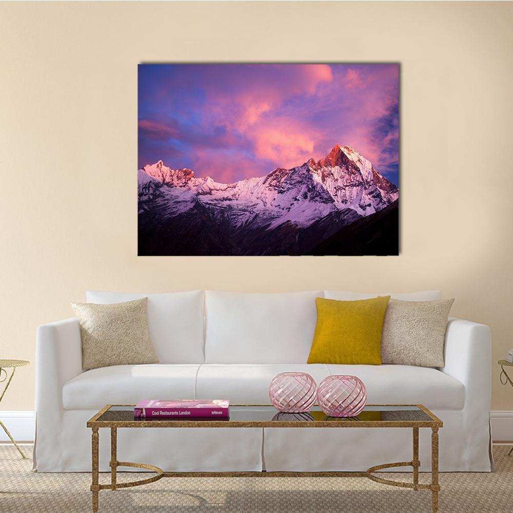 Mount Machhapuchhre at Sunset Canvas Wall Art in white, purple and pink, single panel hung on a wall