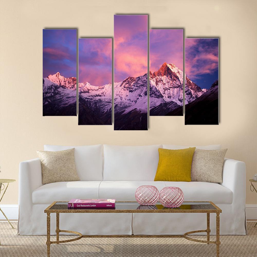 Mount Machhapuchhre At Sunset Canvas Wall Art-5 Pop-Gallery Wrap-47" x 32"-Tiaracle