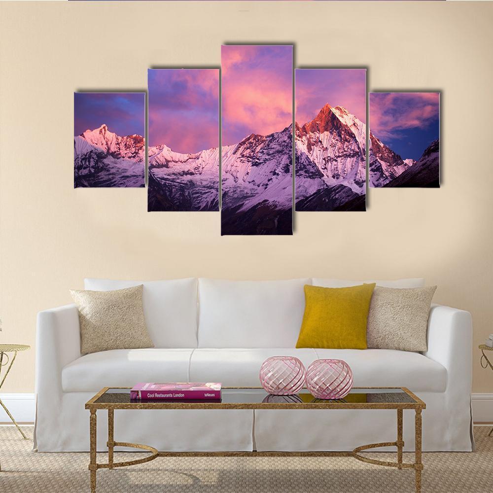Mount Machhapuchhre At Sunset Canvas Wall Art-5 Star-Gallery Wrap-62" x 32"-Tiaracle