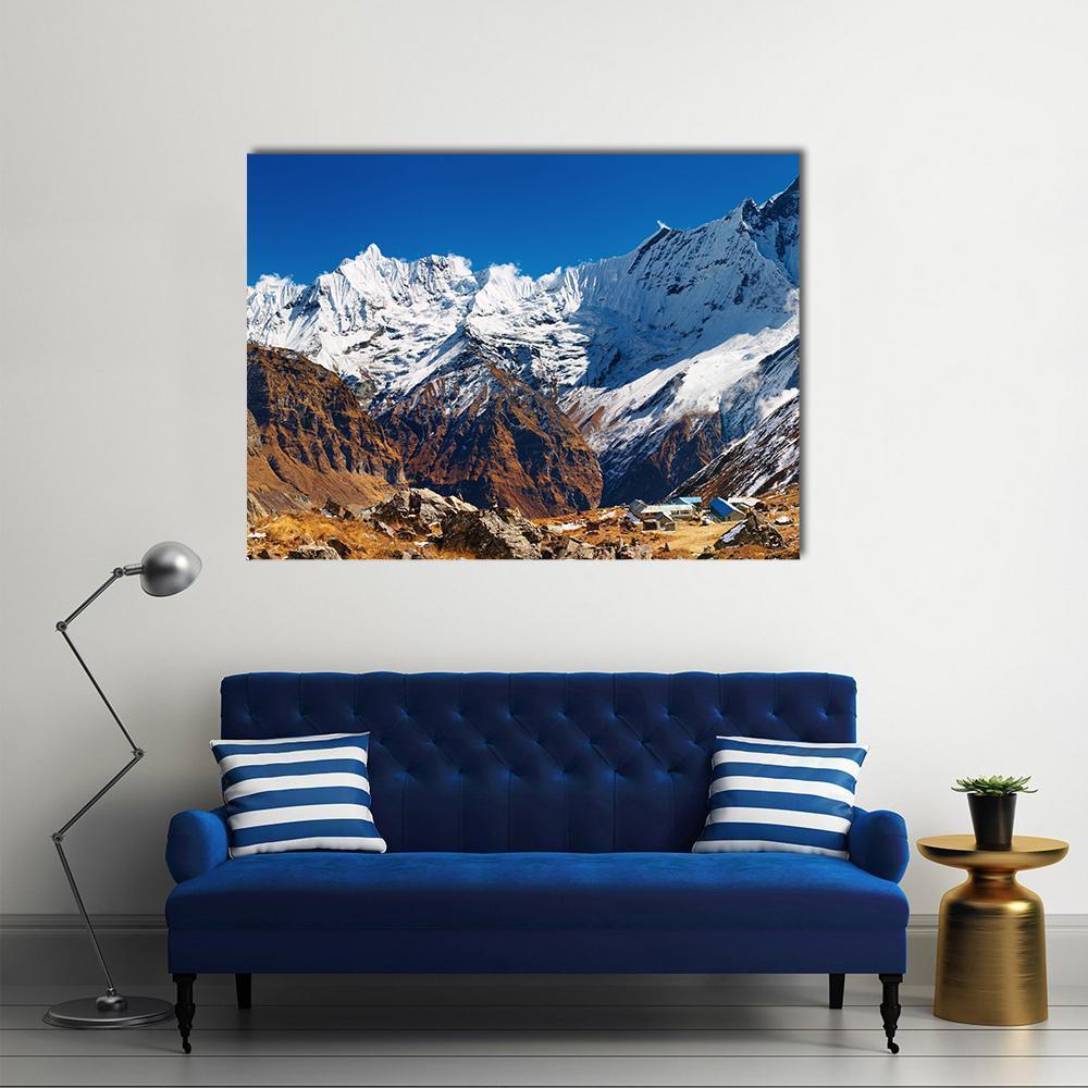 Mount Machhapuchhre Canvas Wall Art in white, brown and blue, single panel hung on a wall