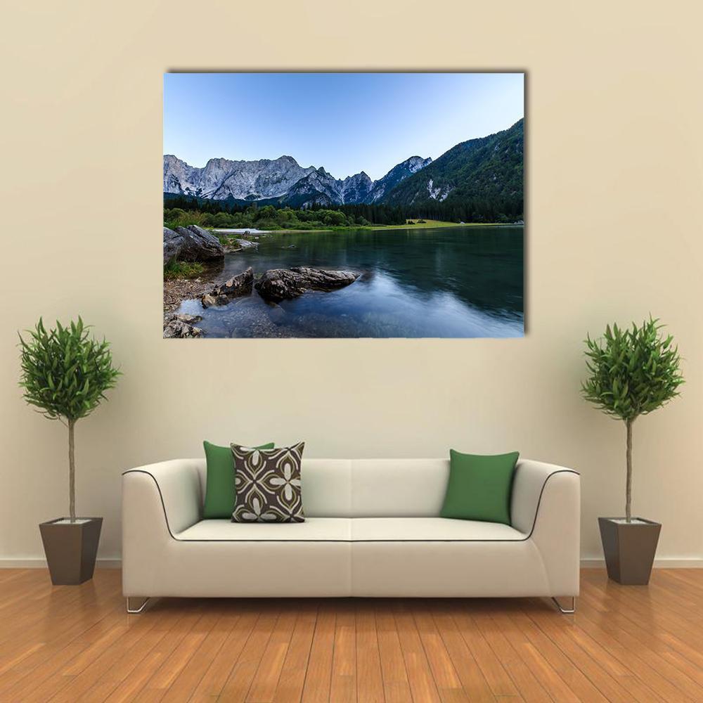 Mount Mangart in Italian Alps Canvas Wall Art in gray, green and blue, single panel hung on a wall
