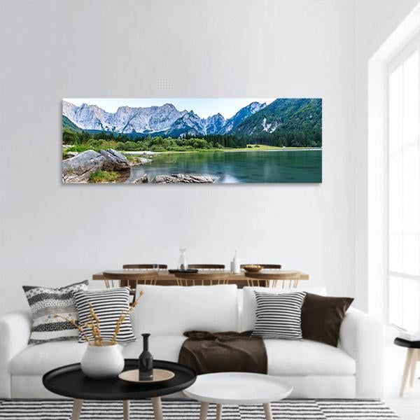 Mount Mangart From Lake Panoramic Canvas Wall Art-1 Piece-36" x 12"-Tiaracle