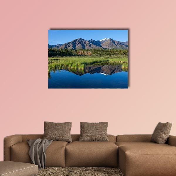 Mount Mckinley Reflection in Lake Canvas Wall Art in brown, green and blue, single panel hung on a wall