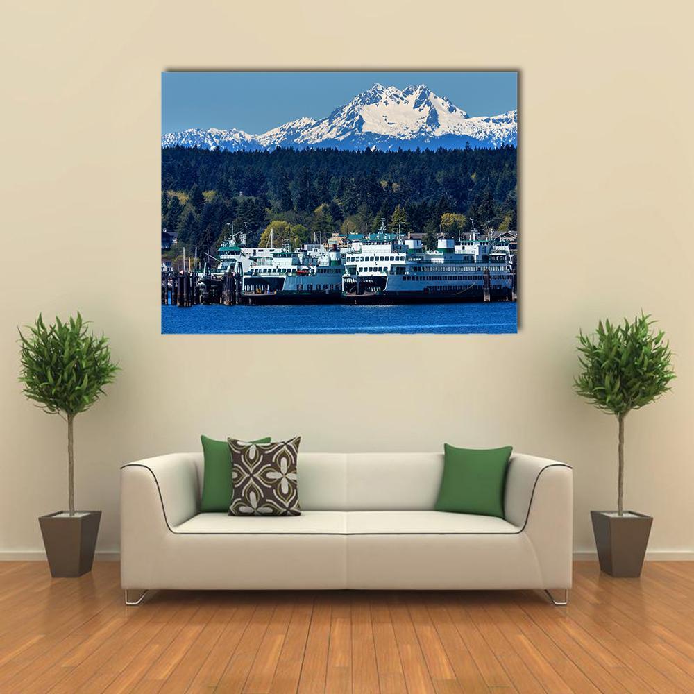 Snow-capped Mount Olympus with Lake Canvas Wall Art in white, green and blue, single panel hung on a wall