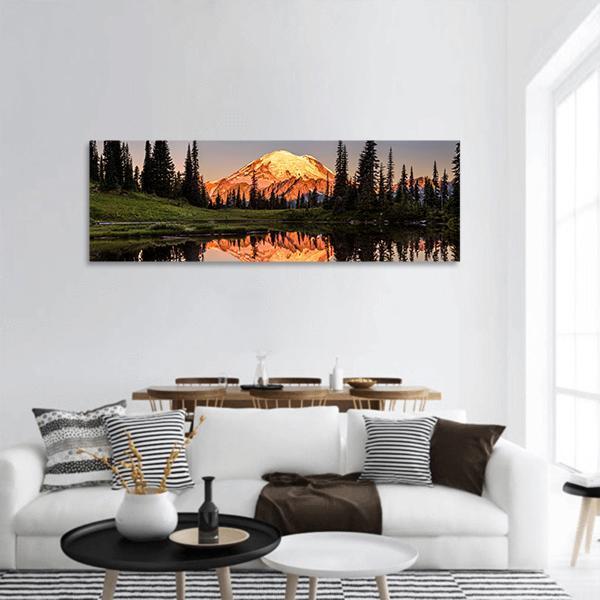 Mount Rainier Reflection At Sunset Panoramic Canvas Wall Art-1 Piece-36" x 12"-Tiaracle