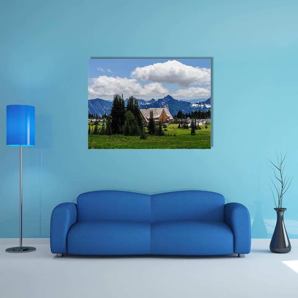 Mount Rainier Summer Landscape Canvas Wall Art in white, green and blue, single panel hung on a wall