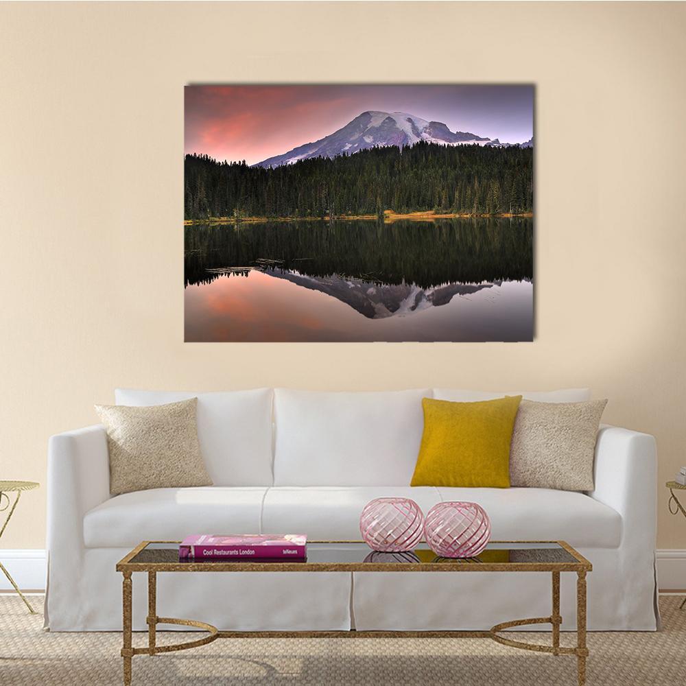 Mount Rainier Reflected in Lake Canvas Wall Art in black, purple and pink, single panel hung on a wall