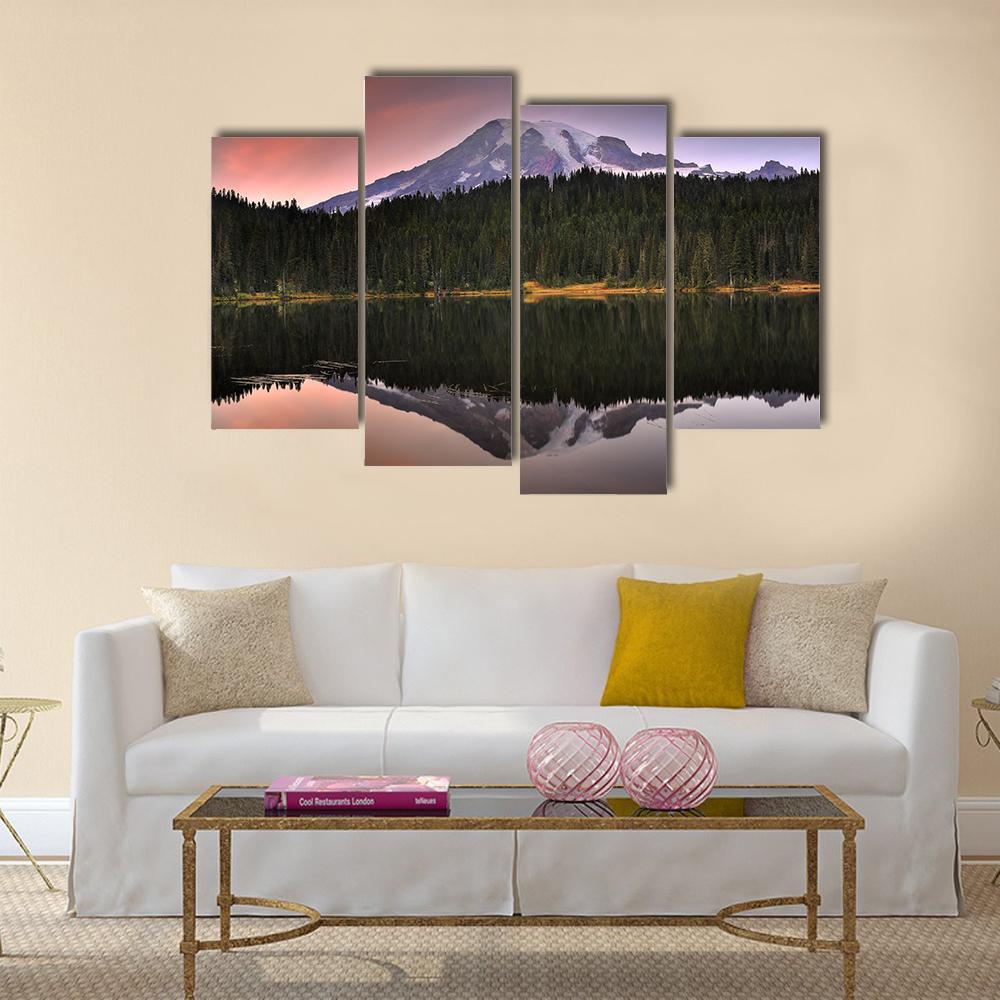 Mount Rainier Reflection In Lake Canvas Wall Art-4 Pop-Gallery Wrap-50" x 32"-Tiaracle