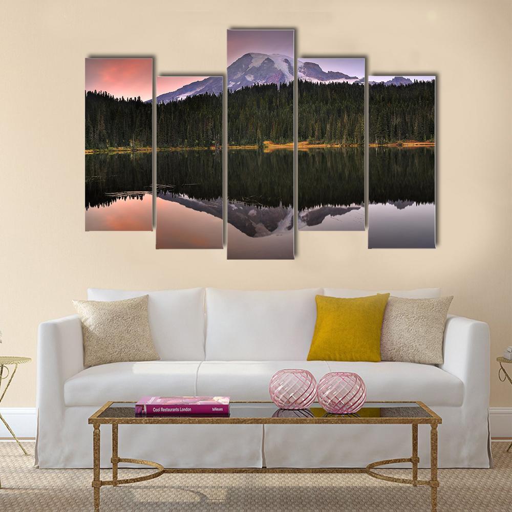 Mount Rainier Reflection In Lake Canvas Wall Art-5 Pop-Gallery Wrap-47" x 32"-Tiaracle