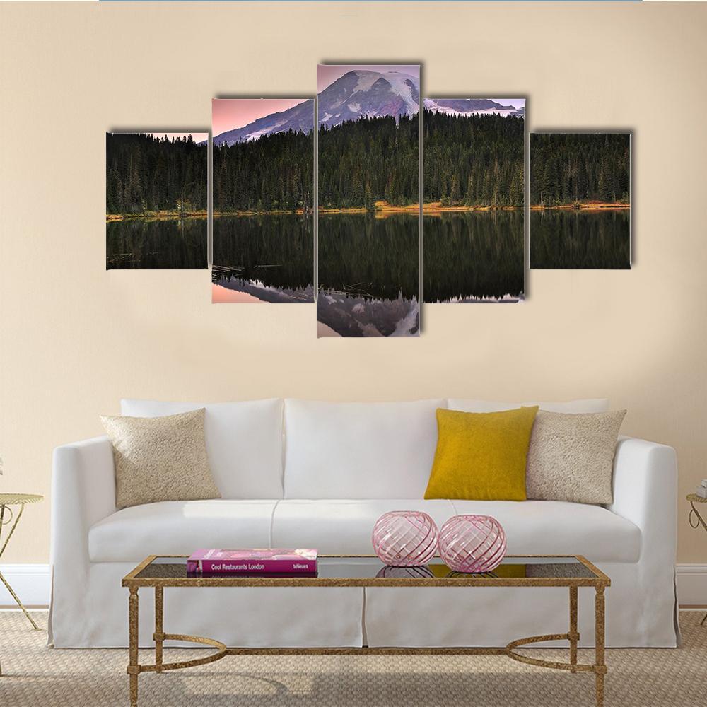 Mount Rainier Reflection In Lake Canvas Wall Art-5 Star-Gallery Wrap-62" x 32"-Tiaracle