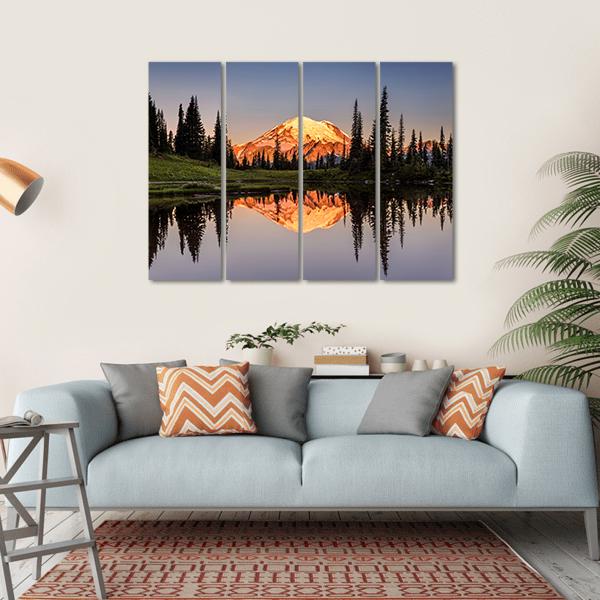 Mount Rainier Reflection At Sunset Canvas Wall Art-4 Horizontal-Gallery Wrap-34" x 24"-Tiaracle