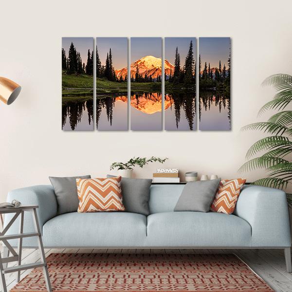 Mount Rainier Reflection At Sunset Canvas Wall Art-5 Horizontal-Gallery Wrap-22" x 12"-Tiaracle