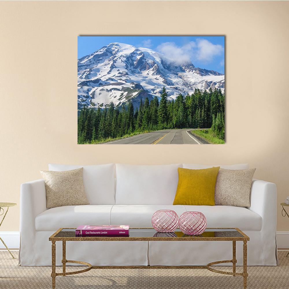 Mount Rainier Road Canvas Wall Art in white, green and blue, single panel hung on a wall