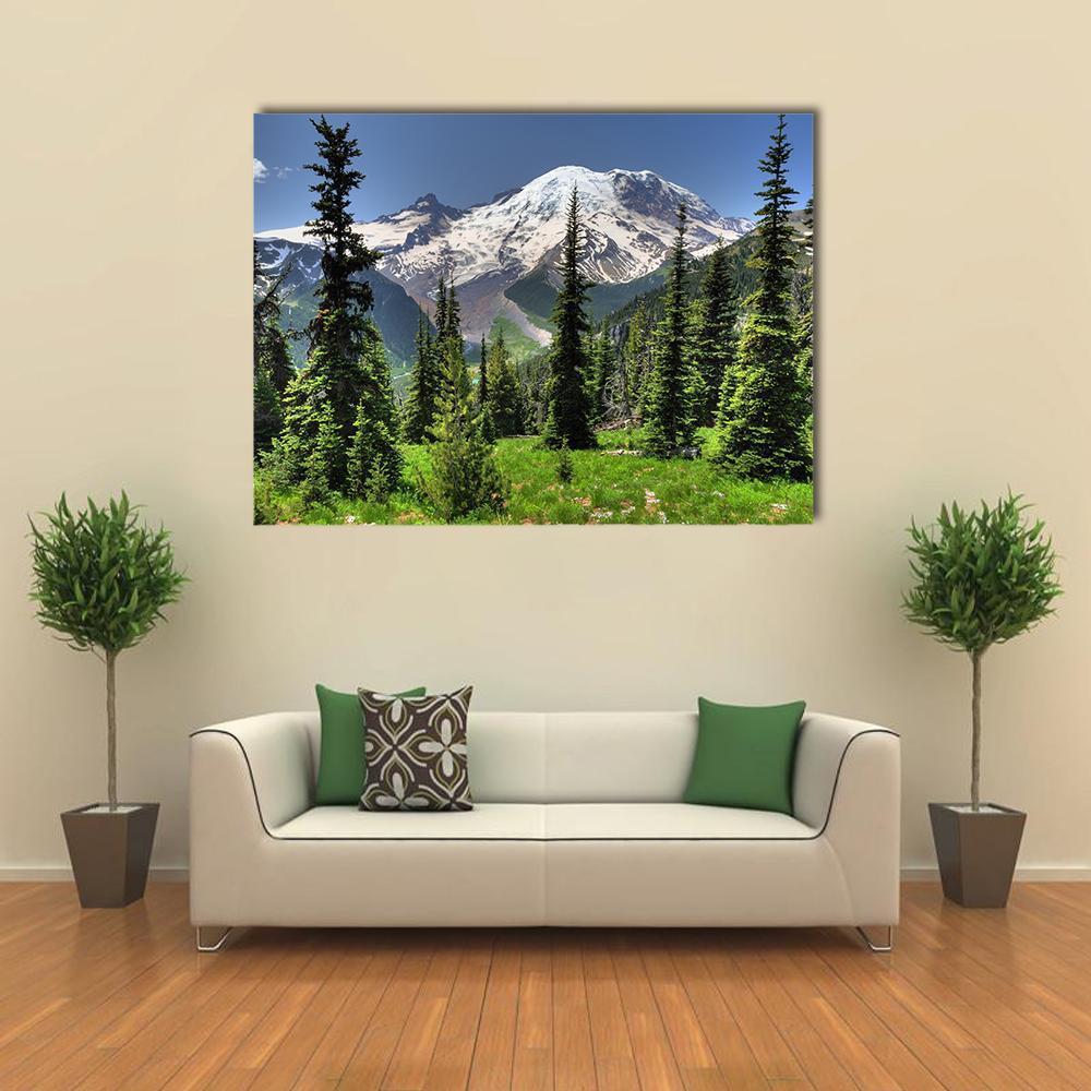 Mt Rainier from Pine Forest Canvas Wall Art in white, green and blue, single panel hung on a wall