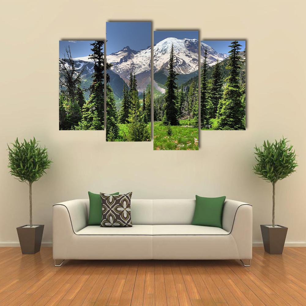 Mt Rainier &amp; Pine Trees Canvas Wall Art-4 Pop-Gallery Wrap-50&quot; x 32&quot;-Tiaracle