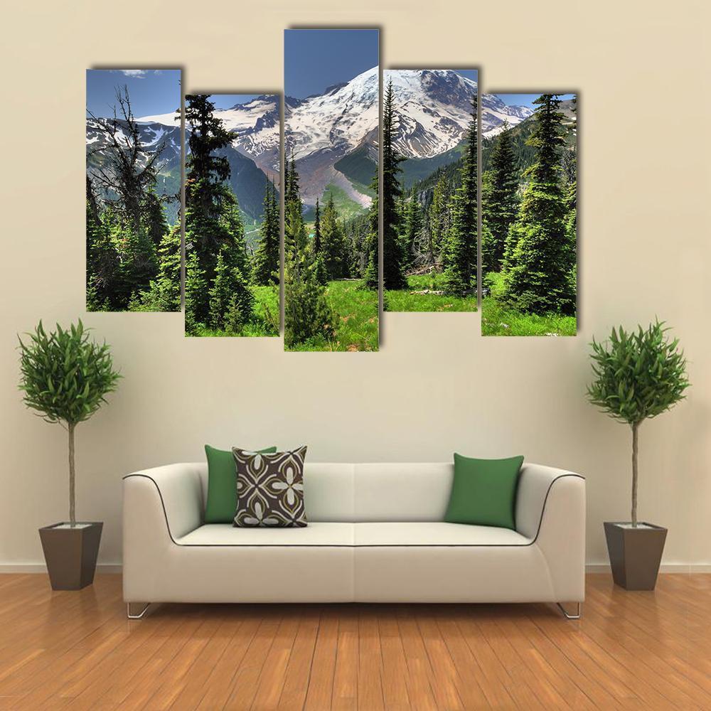 Mt Rainier &amp; Pine Trees Canvas Wall Art-5 Pop-Gallery Wrap-47" x 32"-Tiaracle
