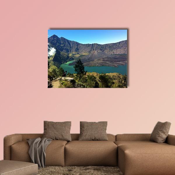 Mount Rinjani Overlooking Crater Lake Canvas Wall Art in brown, green and blue, single panel hung on a wall