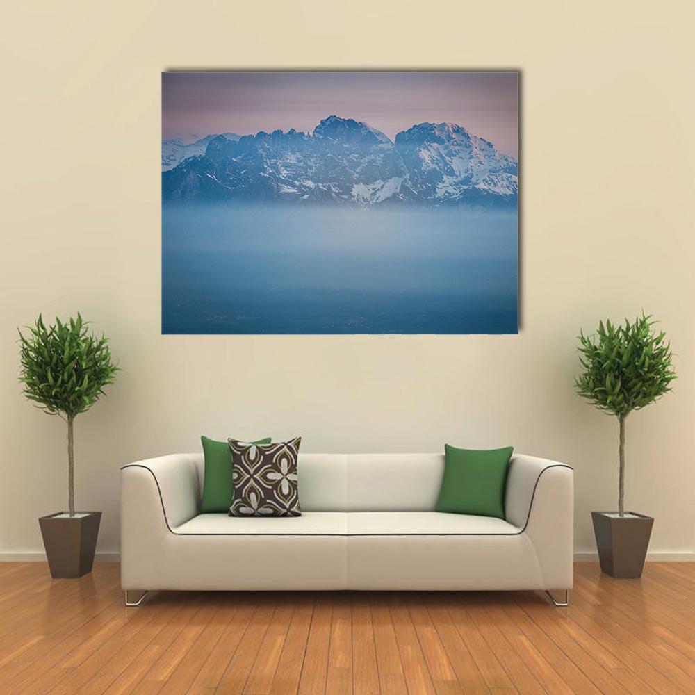 Mount Schiara Peaks Canvas Wall Art in white, gray and blue, single panel hung on a wall