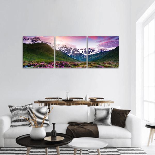 Sunset At Mt Shkhara Panoramic Canvas Wall Art-3 Piece-25" x 08"-Tiaracle