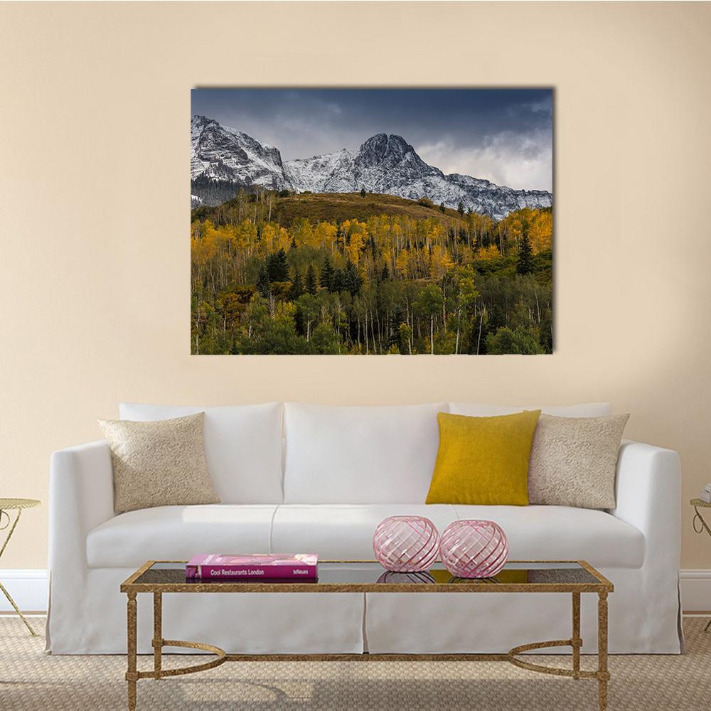 Mount Sneffels in Autumn Canvas Wall Art in gray, yellow and green, single panel hung on a wall