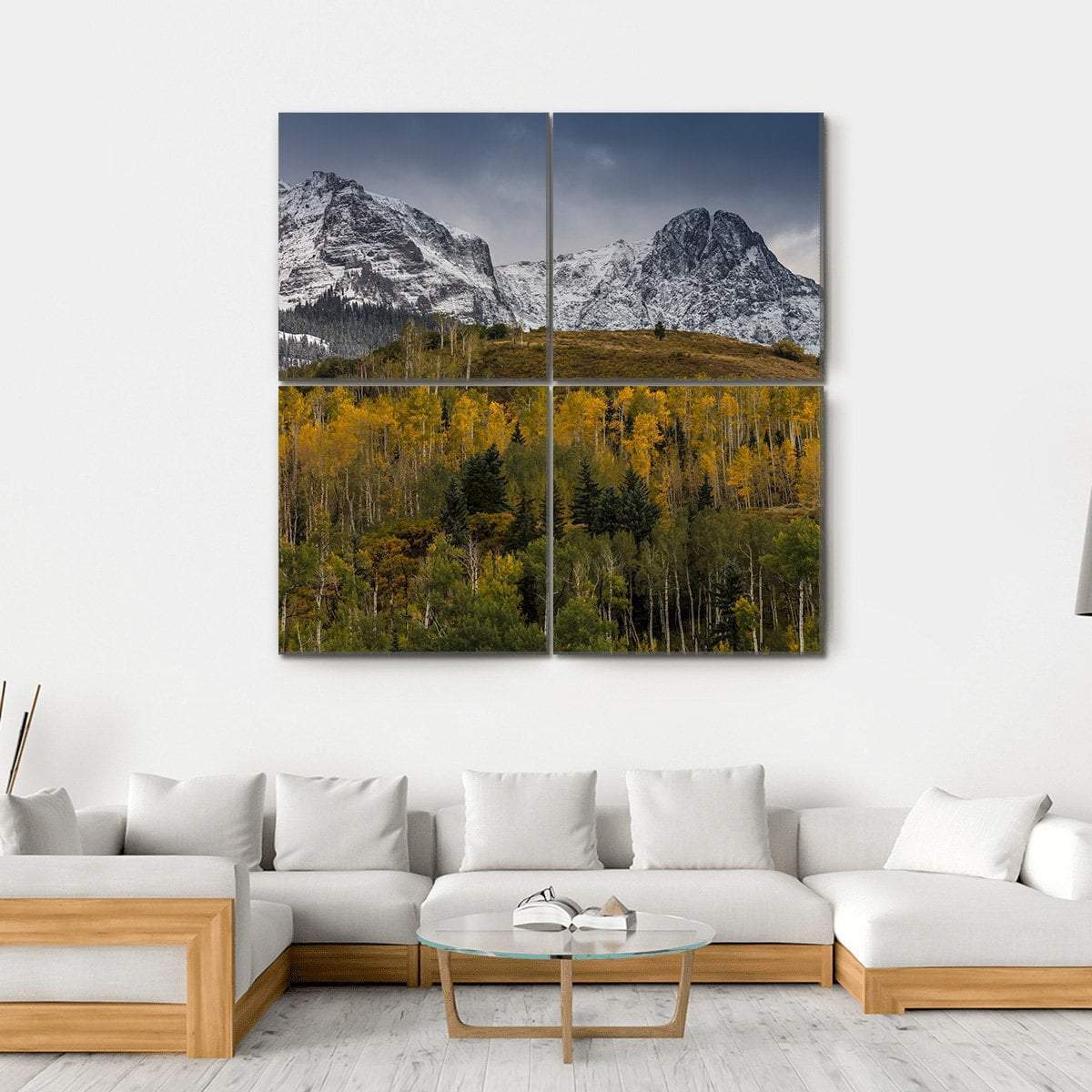 Mount Sneffels in Autumn Canvas Wall Art in yellow, green and blue, hung on a wall