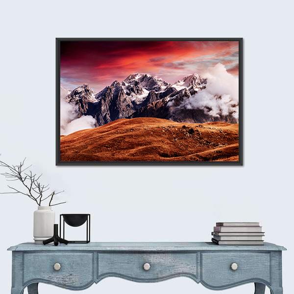 Mount Ushba In Autumn Canvas Wall Art-1 Piece-Floating Frame-24" x 16"-Tiaracle