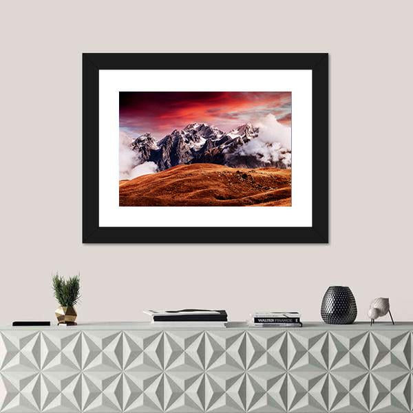 Mount Ushba In Autumn Canvas Wall Art-1 Piece-Framed Print-20" x 16"-Tiaracle