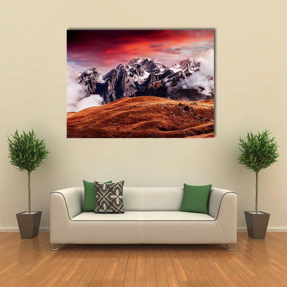 Mount Ushba In Autumn Canvas Wall Art-1 Piece-Gallery Wrap-48" x 32"-Tiaracle