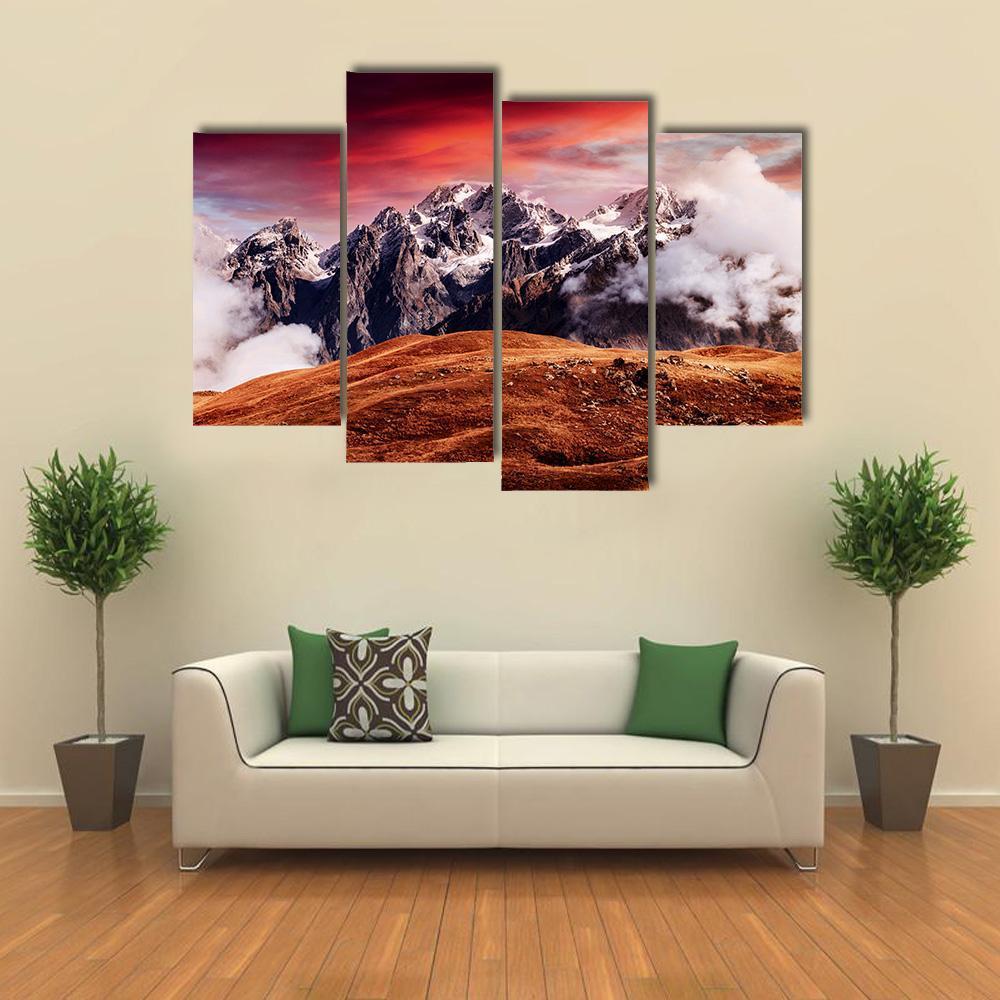 Mount Ushba In Autumn Canvas Wall Art-4 Pop-Gallery Wrap-50" x 32"-Tiaracle