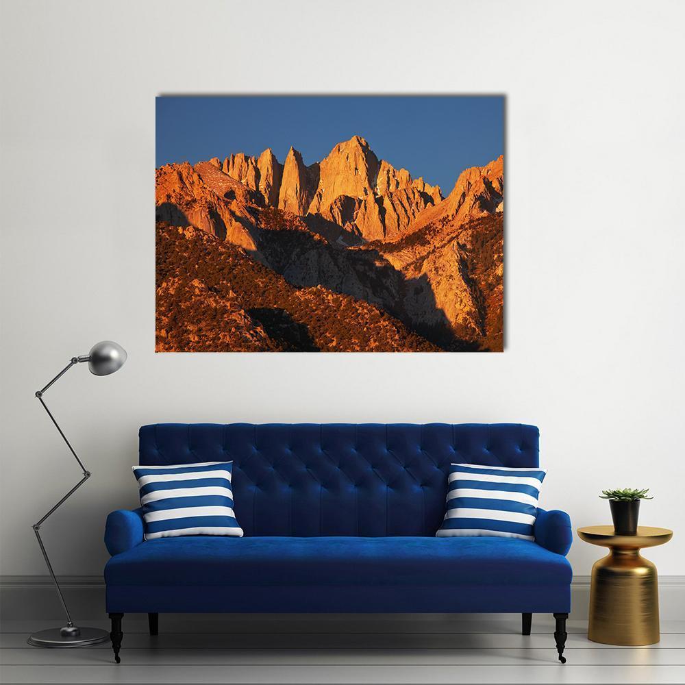 Mount Whitney at Golden Hour Canvas Wall Art in brown, orange and blue, single panel hung on a wall