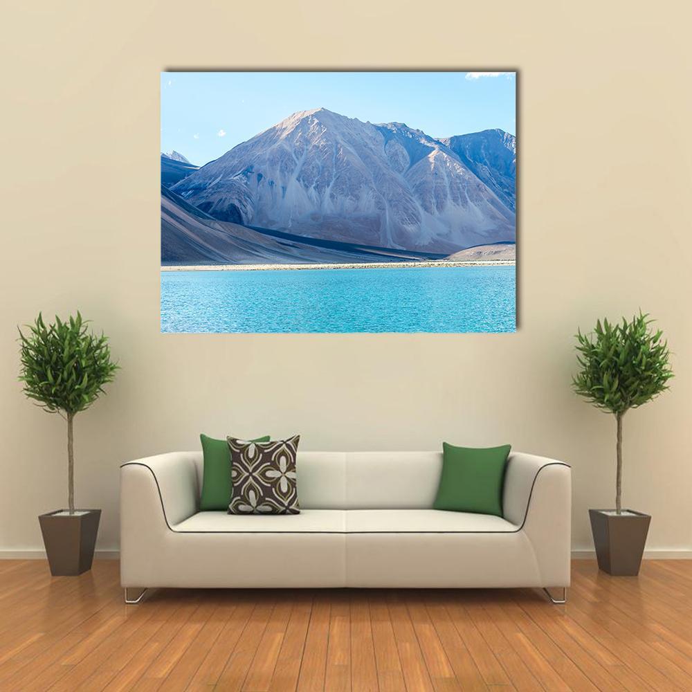 Mountain at Pangong Lake Canvas Wall Art in gray, brown and blue, single panel hung on a wall