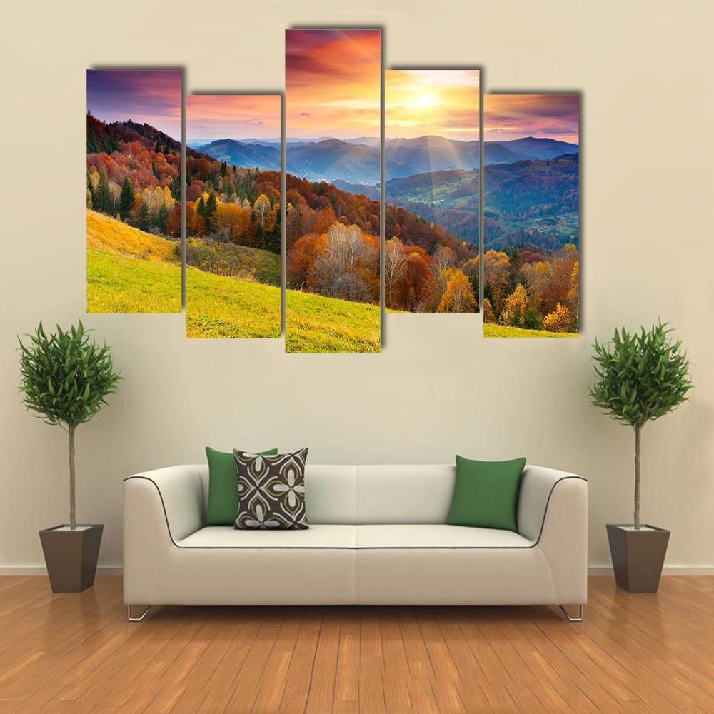 Colorful Mountain At Sunset Canvas Wall Art-5 Pop-Gallery Wrap-47" x 32"-Tiaracle