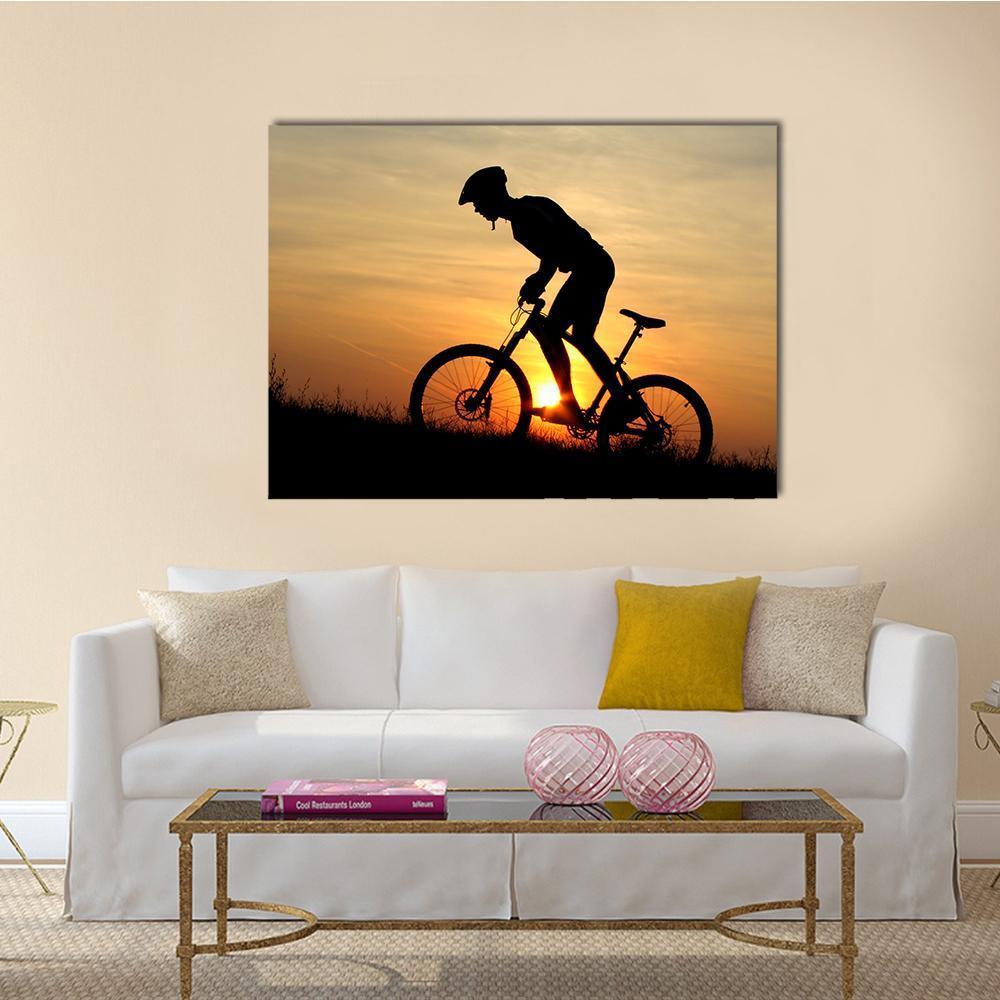 Biker Silhouette In Sunrise Canvas Wall Art-1 Piece-Gallery Wrap-48" x 32"-Tiaracle