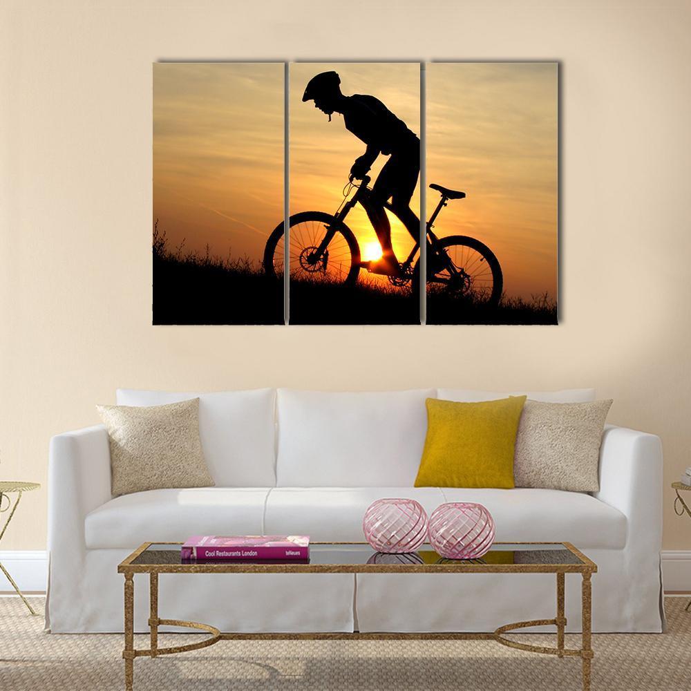 Biker Silhouette In Sunrise Canvas Wall Art-3 Horizontal-Gallery Wrap-37" x 24"-Tiaracle
