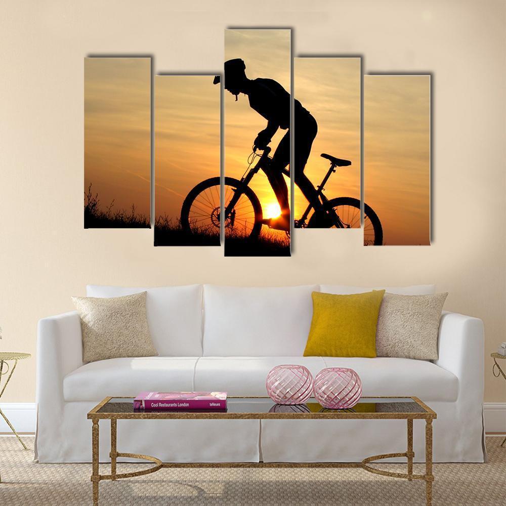 Biker Silhouette In Sunrise Canvas Wall Art-5 Pop-Gallery Wrap-47" x 32"-Tiaracle