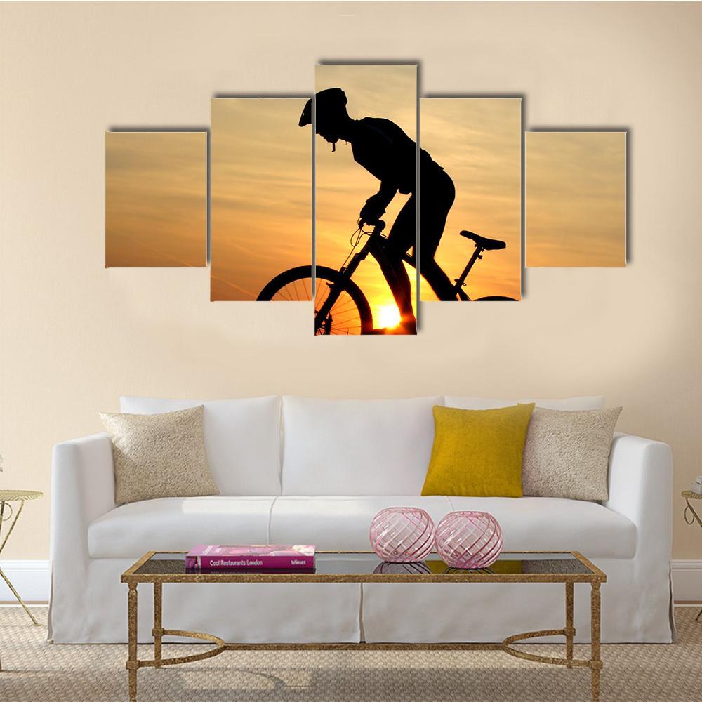 Biker Silhouette In Sunrise Canvas Wall Art-5 Star-Gallery Wrap-62" x 32"-Tiaracle