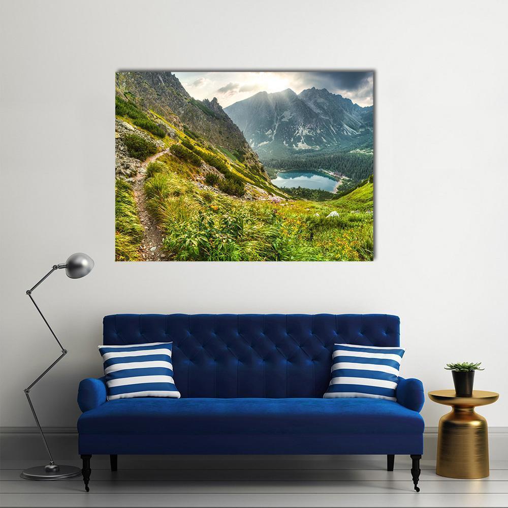 Poprad Pond Sunrise Canvas Wall Art in gray, green and blue, single panel hung on a wall